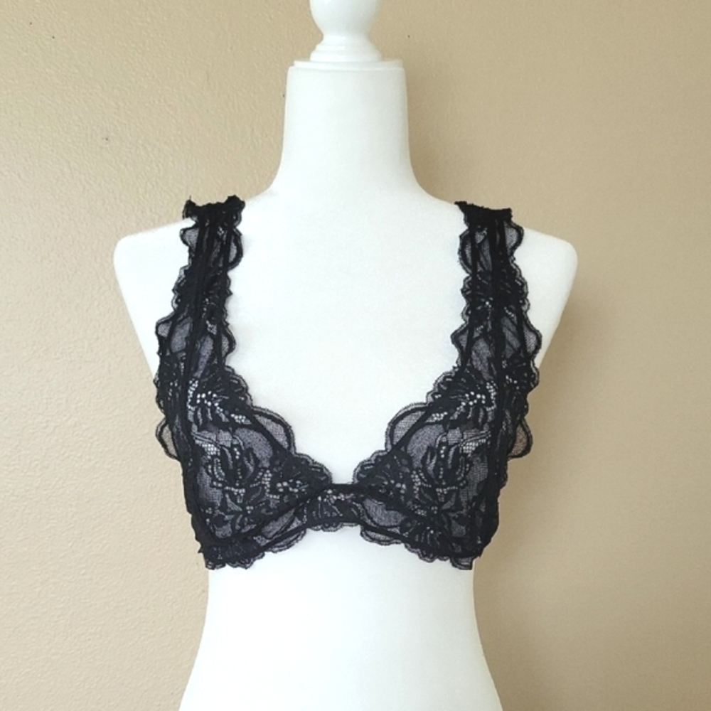 Free People Black Last Dance Lace Plunge Bralette - Size Large